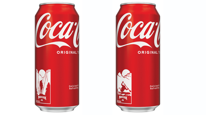 A limited-edition collector Coke can features prints of hiking and kayaking.